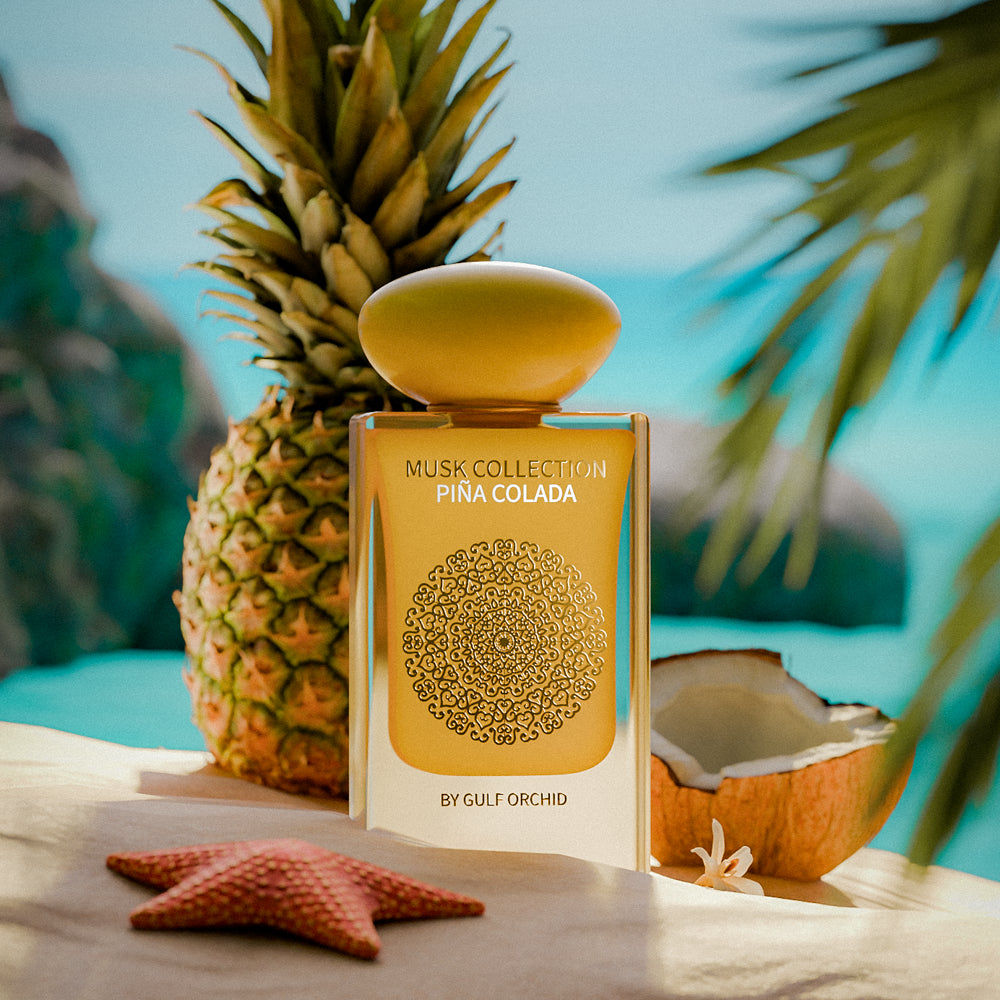 Piña Colada - A tropical musky fruity fragrance with juicy pineapple, creamy coconut, and golden vanilla musk, capturing the essence of sun-kissed skin and endless summer bliss.