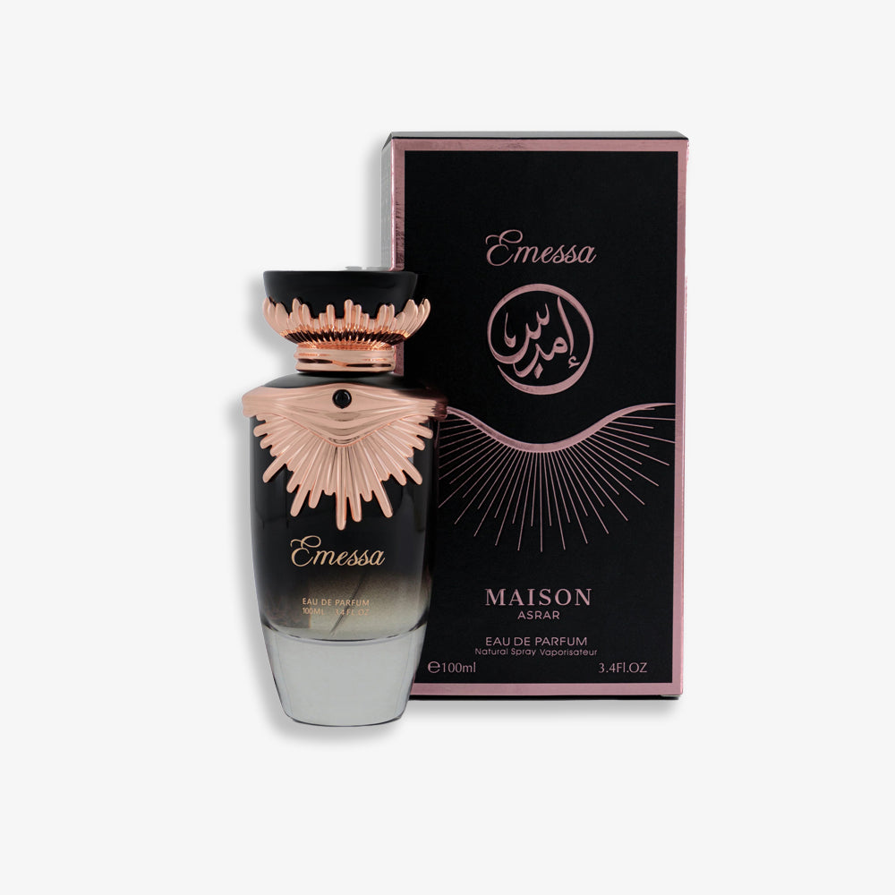 Emessa is a bold, seductive fragrance with bright bergamot and spicy notes, leading to an intoxicating heart of rose and woody accords, finished with warm amber and balsamic touches for refined elegance. Inspired by: Ambre Nuit - Dior