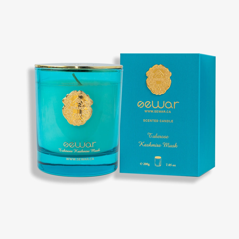 Tuberose & Kashmir Musk Scented Candle with floral and musky notes, hand-poured in a luxury glass jar for a long-lasting fragrance.