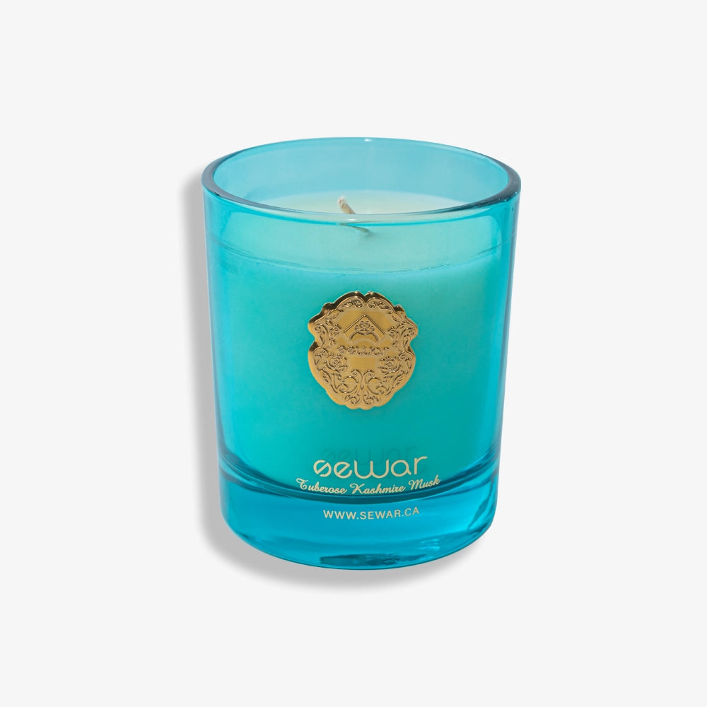 Tuberose & Kashmir Musk Scented Candle with floral and musky notes, hand-poured in a luxury glass jar for a long-lasting fragrance.
