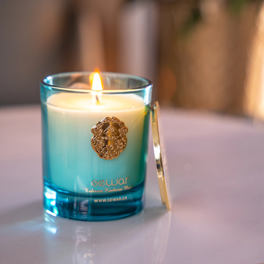 Tuberose & Kashmir Musk Scented Candle with floral and musky notes, hand-poured in a luxury glass jar for a long-lasting fragrance.