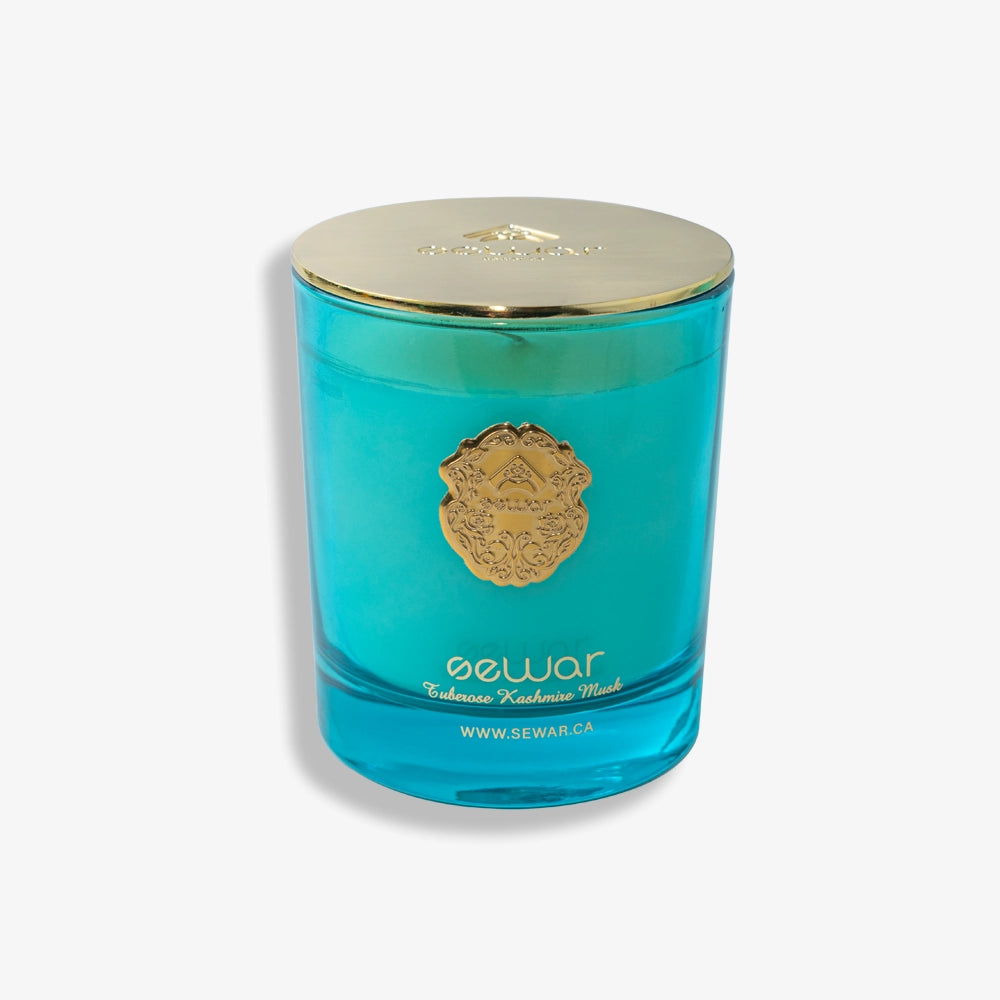 Tuberose & Kashmir Musk Scented Candle with floral and musky notes, hand-poured in a luxury glass jar for a long-lasting fragrance.