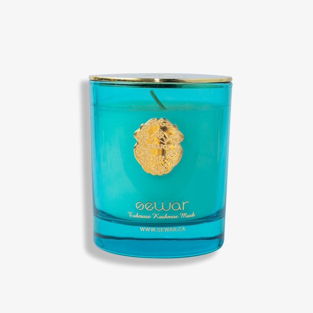 Tuberose & Kashmir Musk Scented Candle with floral and musky notes, hand-poured in a luxury glass jar for a long-lasting fragrance.