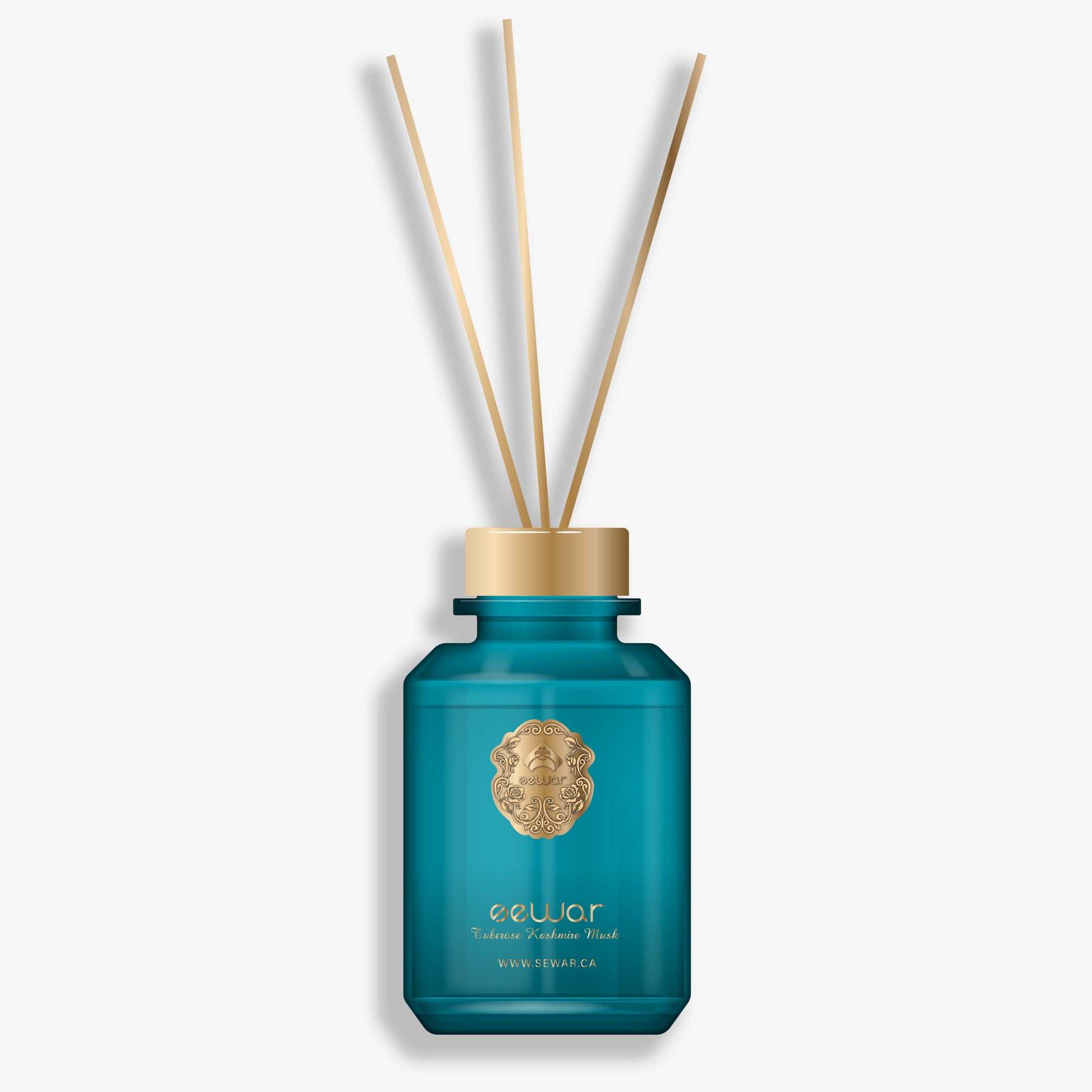 A sleek, premium glass bottle with a metallic logo, filled with Sewar Tuberose & Kashmir Musk Reed Diffuser. The diffuser is adorned with elegant reeds, showcasing the fresh and floral fragrance. The design adds a touch of sophistication and luxury, perfect for enhancing the atmosphere of any spa