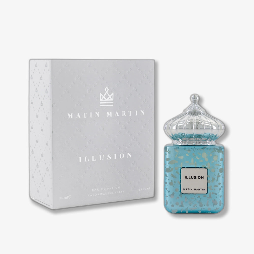 Matin Martin Illusion perfume bottle and packaging on a white background buy it online canada
