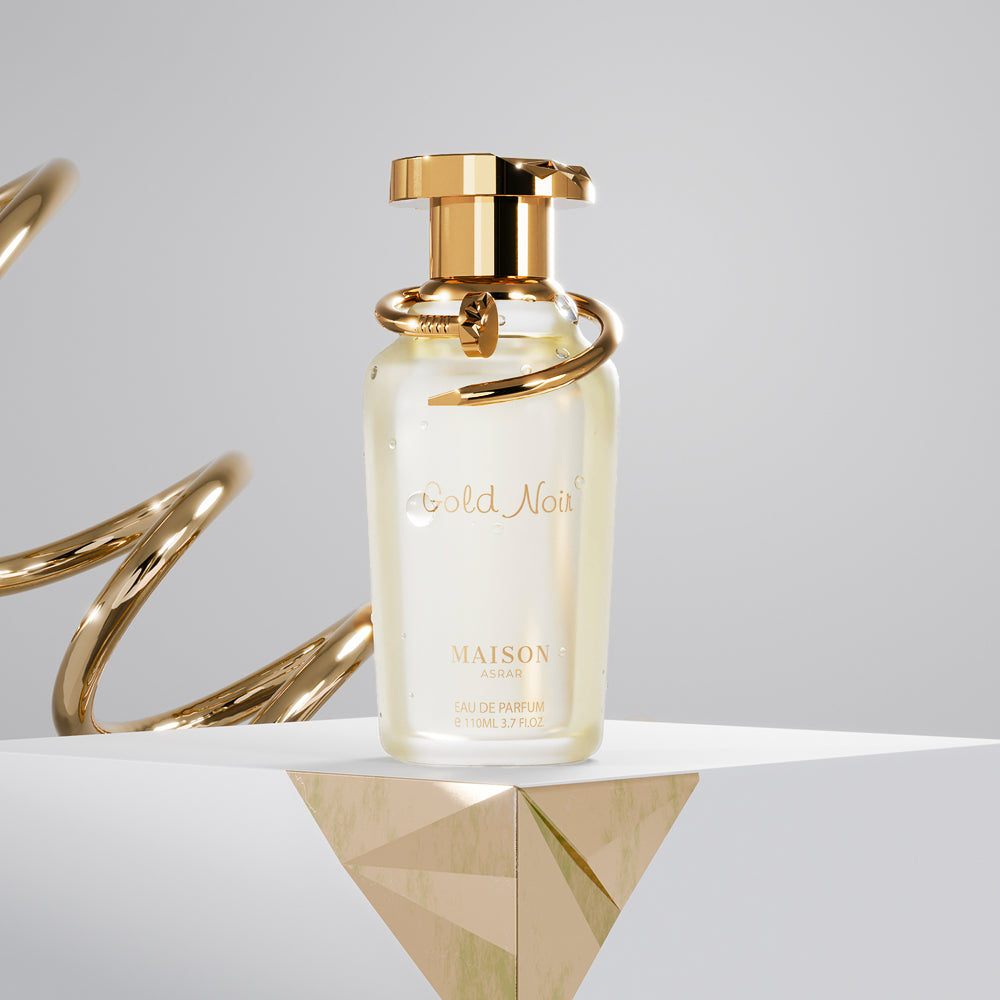 Gold Noir by Maison Asrar – A luxurious 110ML Eau de Parfum with woody oriental notes, featuring grapefruit, smoky cashmere, and vetiver.