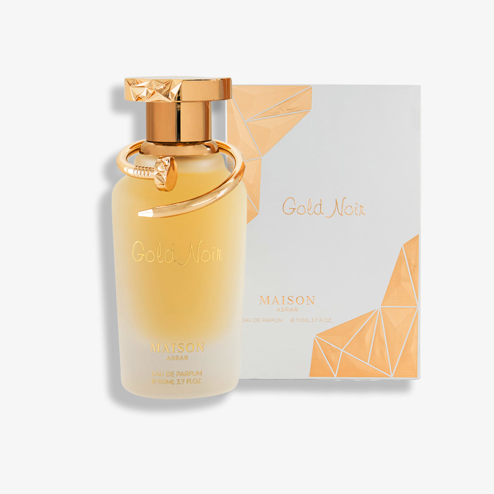 Gold Noir by Maison Asrar – A luxurious 110ML Eau de Parfum with woody oriental notes, featuring grapefruit, smoky cashmere, and vetiver.