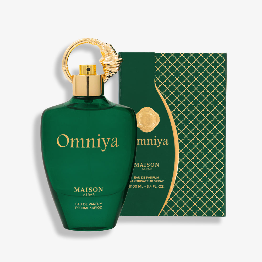 Omniya by Maison Asrar – A bold 100ML Eau de Parfum inspired by Creed Aventus, featuring citrus, leather, and woody notes.