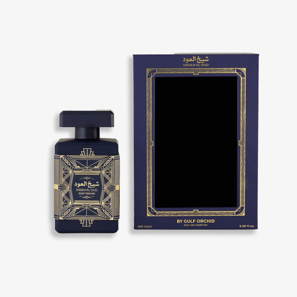 Sheikh Al Oud Blue by Gulf Orchid – A luxurious 100ML Eau de Parfum with oriental, balsamic, amber, and vanilla notes. Features an elegant navy and gold bottle design.