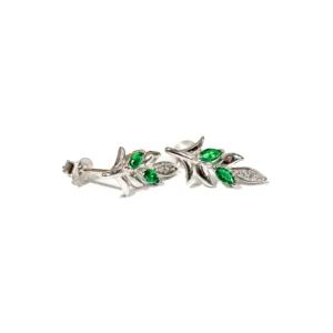 Silver Leaf Green Gemstones Earring With Zircon , Sewar Silver Leaf Green Gemstones Earring With Zircon