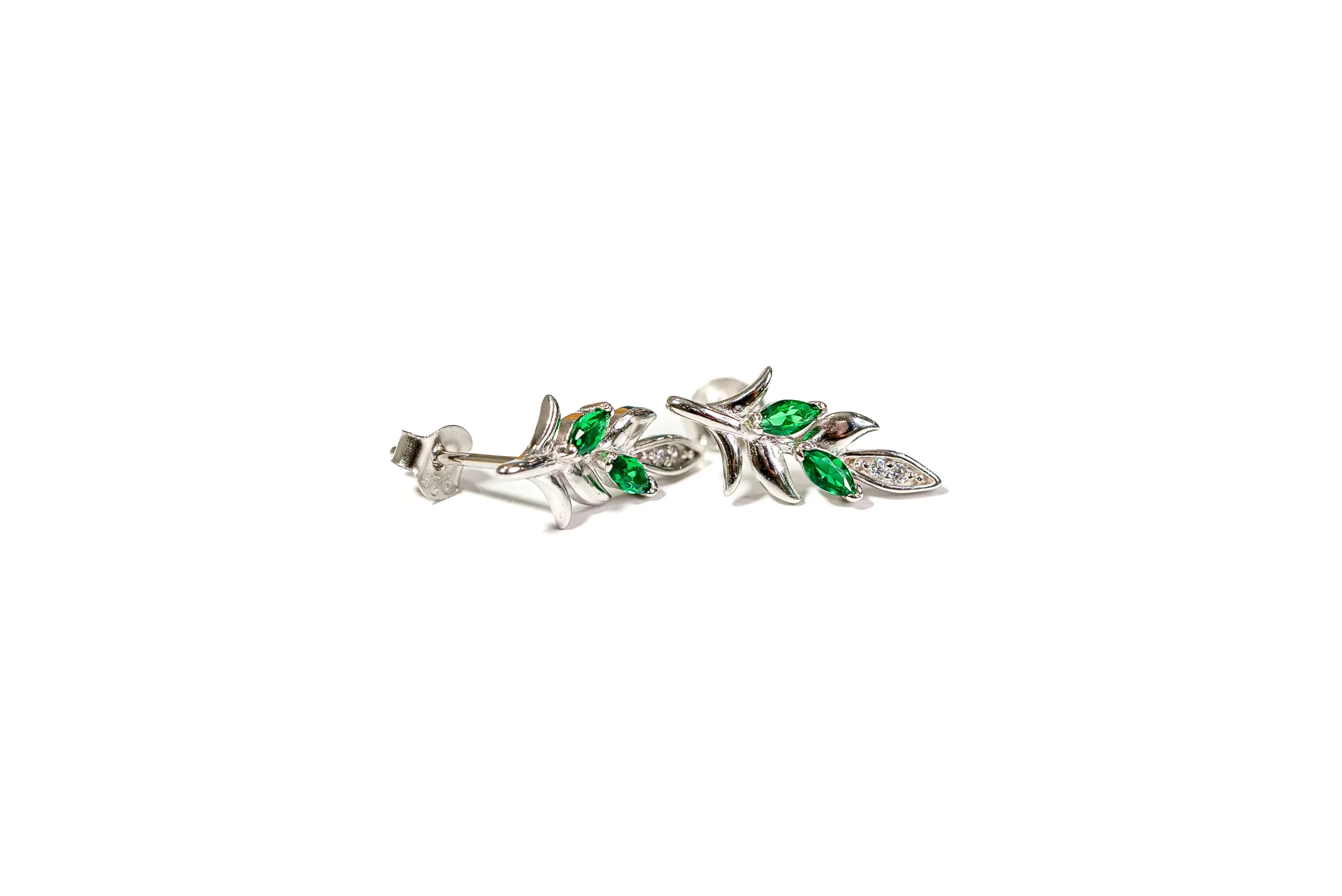 Silver Leaf Green Gemstones Earring With Zircon , Sewar Silver Leaf Green Gemstones Earring With Zircon